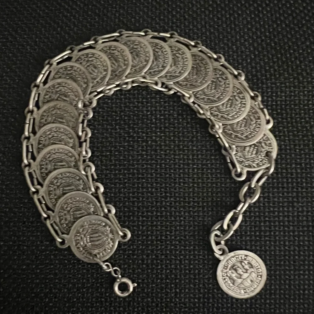 Vintage Silver Tone Multi Coin Link Bracelet 8.5 Inch Renaissance Core